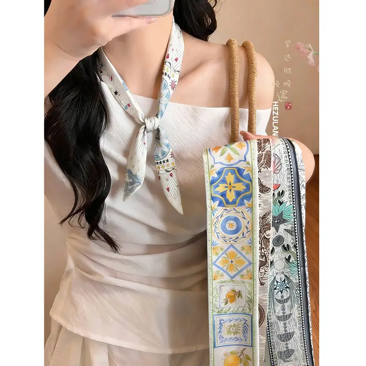 オリジナル油絵デザインの細長シルクスカーフ【女性用・シャツやベルト、ヘアアクセサリーとして適用】