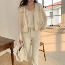 レディース 春秋用ニットカーディガン【ショート丈・ウール・フリンジデザイン・長袖】