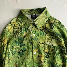 草緑色の植物油彩フラワープリント長袖シャツ【レトロ・春秋用・ユニセックス】