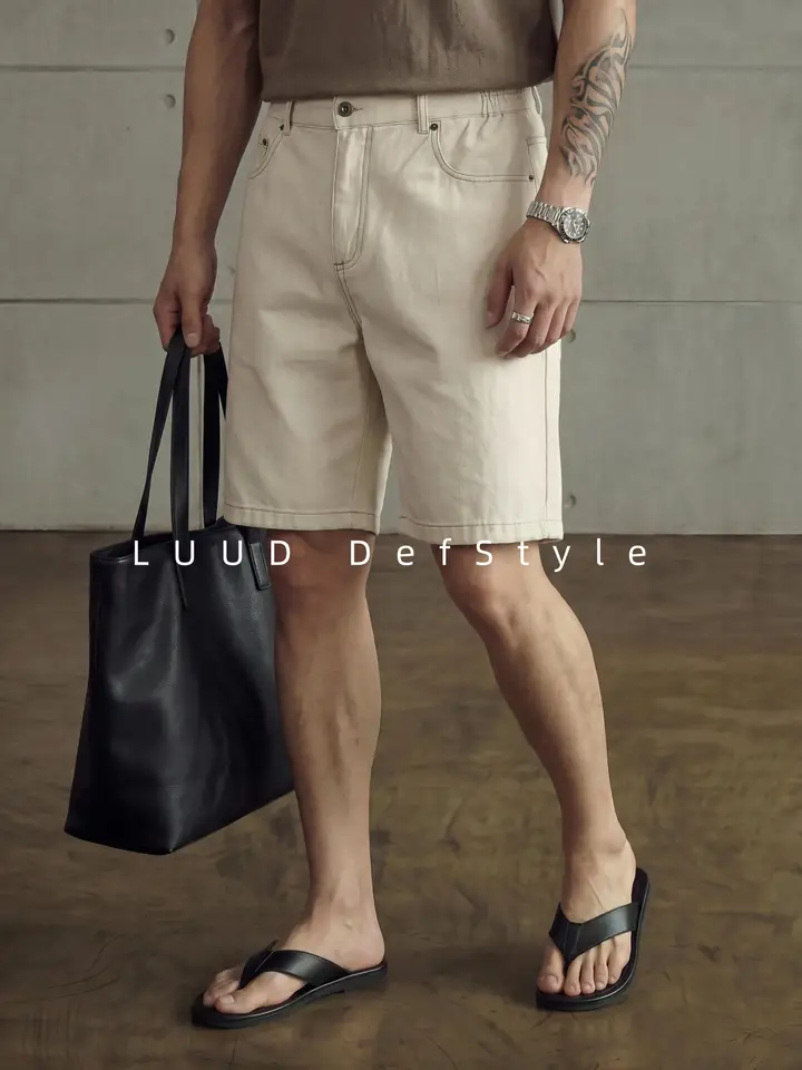 ハーフパンツ メンズ テンセル コットンリネン混紡 生成り ストレート トップステッチ ヴィンテージ カジュアル「LUUD」