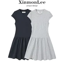 ワンピース レディース グレー ボタン ウエストカット ウエストシェイプ 着痩せ 上品 甘辛MIX 「XinmonLee」