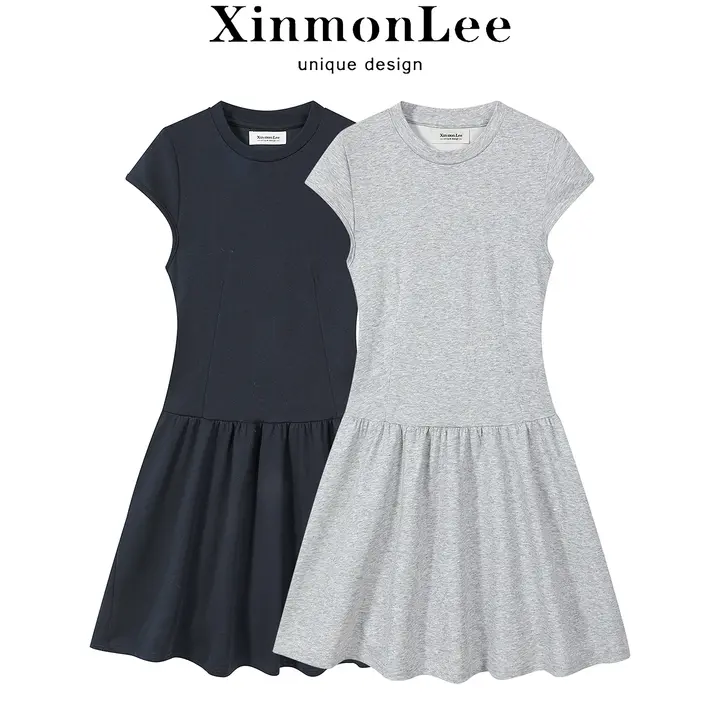 ワンピース レディース グレー ボタン ウエストカット ウエストシェイプ 着痩せ 上品 甘辛MIX 「XinmonLee」