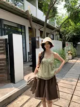 透け感のあるメッシュ切替えブラウンのAラインスカート【梨型体型カバー・夏用】