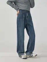 ヴィンテージ風 深青高ウエストストレートジーンズ【体型カバー・長パンツ】（セットアップ対応）