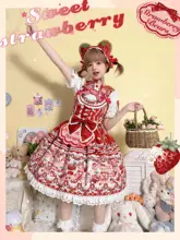 可愛らしいデザインのストロベリー棉花糖ワンピース【ロリィタ風・アートスタイル】（セットアップ対応）