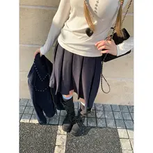 深い青の百褶スカート【女性用・Aライン・短丈・上品な印象】