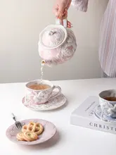 浮彫りデザインの陶器ティーポットセット【欧風・アフタヌーンティー・コーヒーカップと皿付き】