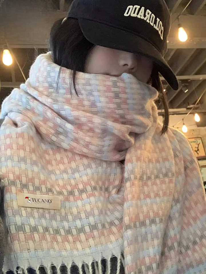 カラフルチェック柄スカーフ【冬用・保温・大判・女性用】（セットアップ対応）