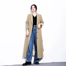 春の新作ロングテーラードジャケット【女性用・カーキ・膝下丈・通勤スタイル】（セットアップ対応）