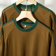 コーヒー色の夏用斜め織りコットン半袖Tシャツ【ゆったりとしたフィット・レトロデザイン・通気性・バイカラー】