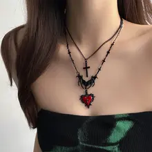 ダークY2Kスタイル レッドハートバットクロスネックレス【個性的な重ね付け用・女性向け】