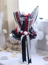 黒白赤の耳付きマジシャンハット【ロリータ風・手作り・六角星デザイン】