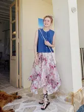 高腰不規則波模様プリントスカート【夏用・ゆったり・油絵風】（セットアップ対応）