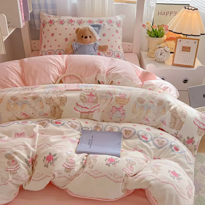 水洗コットン 学生用寝室ベッド用品3点セット【シングルサイズ・タオル付き・刺繍デザイン】