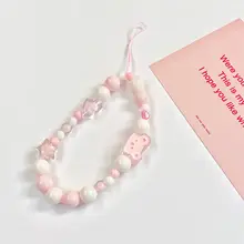 かわいいピンクのパール小熊付きスマホストラップ【短め・手首用・ビーズデザイン・頑丈な吊り紐】