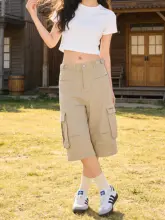 韓国風Y2Kスタイルの夏用ワイドレッグカーゴパンツ【ゆったりフィット・七分丈・女性用】