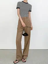 ハイウエストストレートスーツパンツ 女性 秋 カーキ色 ブラック 通勤 ドレープ感 ロングワイドパンツ