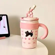 可愛い猫デザインの保温カップ【ピンク・ハンドル付き・オフィス用】