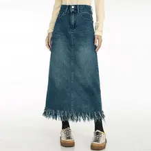 トレンドデザインのフリンジ付きデニムスカート【ハイウエスト・スリット・軽やかな長さ】