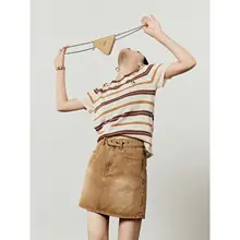 カラーブロックの刺繍入りTシャツ【ブラウンストライプ・ショートスリーブ・アカデミックスタイル】