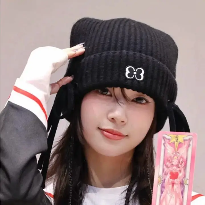 リボン付きニット帽【秋冬用・保温・ブラック・女性用】