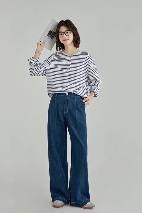 高腰ストレートデニムパンツ【レディース・ルーズフィット・梨型体型対応・秋用】