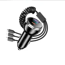 デジタル表示の車載充電器【三口出力・急速充電・USB-Cケーブル付き】