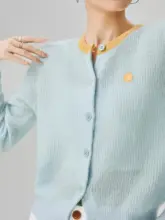 美しいブルーのモヘアニットカーディガン【韓国風・秋用・ユニークデザイン】