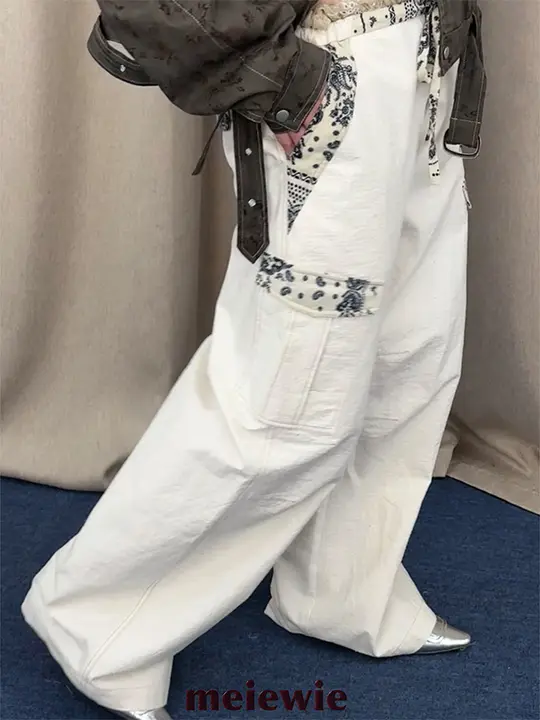 白色パッチワーク付きフリルデザインのウエストドローストリングエラスティックワイドパンツ【女性用・長pants】（セットアップ対応）