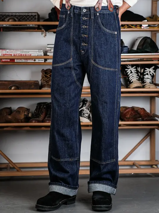 職人パンツ 労働者向け ダブルニー伐採パンツ デニム生地 14OZ 三本針 再創作