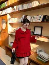 秋冬向け 大人のためのフランス風デザイン コクーンコート【赤色・大きめサイズ・甘さ漂う雰囲気】（セットアップ対応）