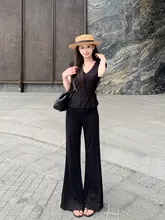 夏用のフィットフレアパンツ【軽やかな生地・サマーデザイン・ロングレングス】（セットアップ対応）