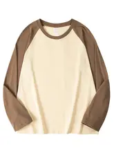 重厚感のあるカラー切替クルーネック長袖Tシャツ【秋冬・ビンテージ風・ルーズフィット】