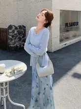 ニットトップス スカート 2点セット レディース 水色 花柄 ロマンティック リゾート 春秋