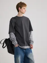 コットン100% 快適で通気性のあるストライプデザインの重ね着風Tシャツ【ラウンドネック・カジュアル】（セットアップ対応）