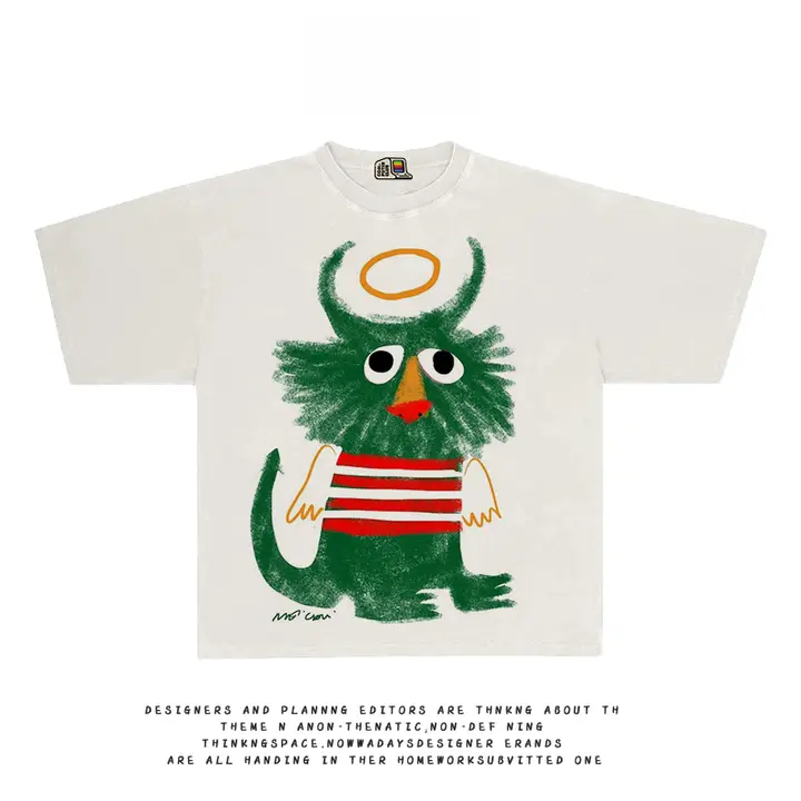 夏用 半袖 Tシャツ【ホワイト・グリーンモンスター印刷・カジュアルデザイン】