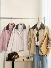 幅広いスタイルに対応！斜めストライプコットン通勤ジャケット【ウエストゴム・レザー衿付き】
