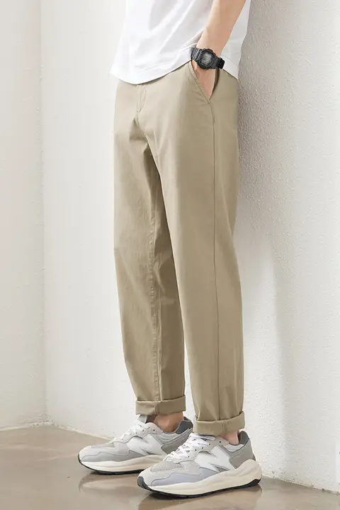 コットン製 メンズストレートパンツ【カジュアル・伸縮性・カーキ色・春秋用】（セットアップ対応）