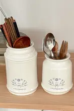 フランス風のビンテージ陶器製カトラリー収納容器【キッチン・卓上用】