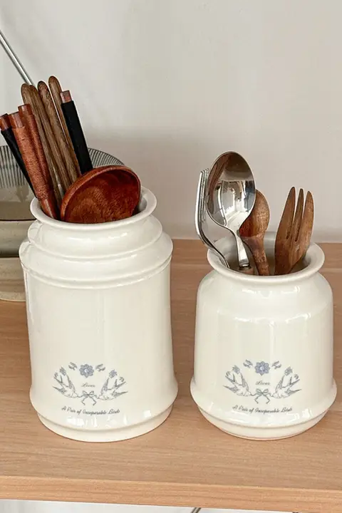 フランス風のビンテージ陶器製カトラリー収納容器【キッチン・卓上用】