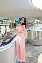 洗練されたデザイン！抽 pleat 抹胸サテン風 ワイドパンツ【ピンク・女性用】（セットアップ対応）