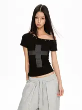 デザイン性のあるアシンメトリーショートスリーブTシャツ【肩出し・くびれデザイン・ストーン装飾】