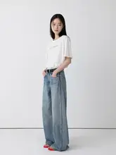 高ウエストデザインのワイドレッグデニムパンツ【カジュアル・ストレートスタイル】