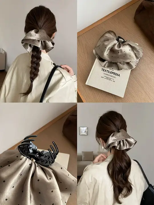 ヘアアクセサリー ヘアクリップ レディース サテン 水玉 グレー フリル 韓流 ハーフアップ ポニーテール 上品