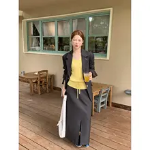 スーツ風デザインのスリット入りミドル丈タイトスカート【通勤・女性用・スタイリッシュ】