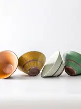 手作り陶器製 レトロデザインの小さめご飯茶碗【和風・家用・陶器・スープボウル・ヌードルボウル】