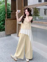 カーキ色のメッシュデザインタンクトップとパンツ【夏用・女性用】（セットアップ対応）