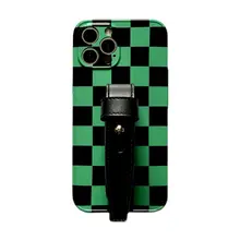 スマホケース 黒緑チェック柄 スタッズ 牛革 フルカバー シンプル ストラップ iPhone 13 12 Pro Max 対応