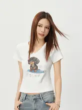 かわいい小犬デザインのVネック短袖Tシャツ【プレーン・フィット・夏用】