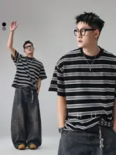 半袖Tシャツ メンズ クルーネック ストライプ柄 ルーズ オーバーサイズ ストリート 上品 夏